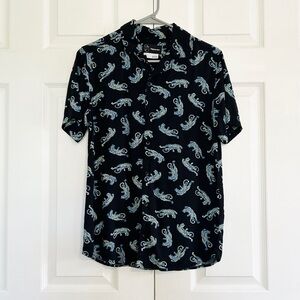 Mens Black Button Down Top Shirt Japanese Style Tiger Print